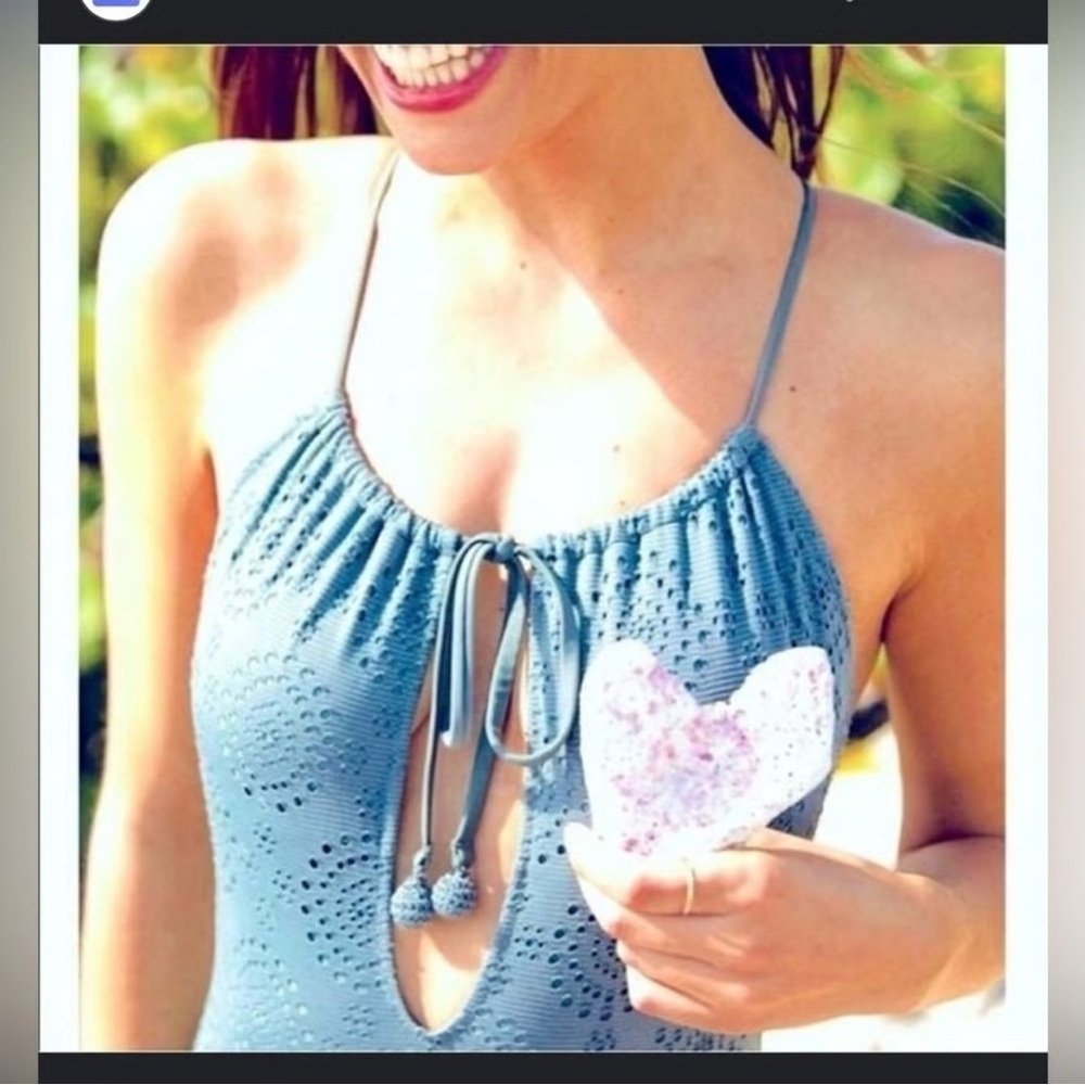NWT Aerie Lt. Blue Sz M Eyelet 1-Piece Halter Swimsuit with crochet ball detail